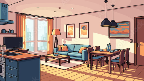 Cozy retro living and dining room with urban view