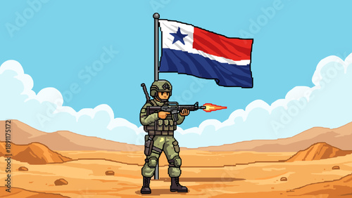 Pixel art soldier with panama flag in desert scene