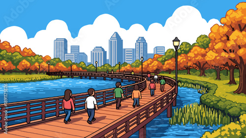 Pixel art city park with autumn foliage and people on wooden pathway