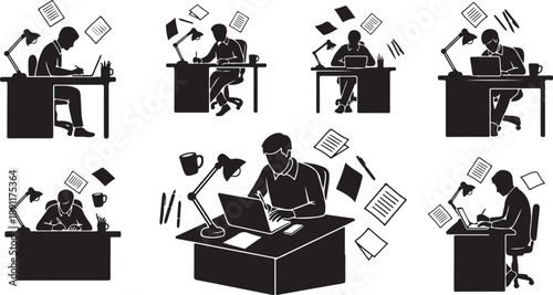 Overwhelmed office workers with chaotic paperwork and deadlines looming