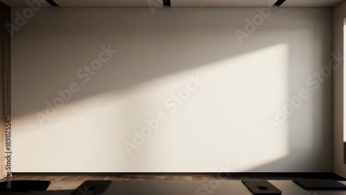 Modern Minimalist Interior Background with Bright Sunlight Casting Dramatic Shadow Patterns on a Clean White Wall and Dark Wooden Floor