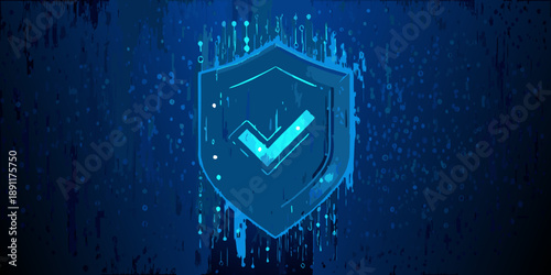 A glowing blue shield with a checkmark signifies digital security and protection