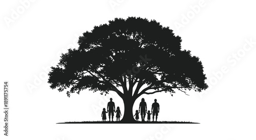 A family of five stands beneath the expansive branches of a large tree depicted in striking black against a white background silhouette