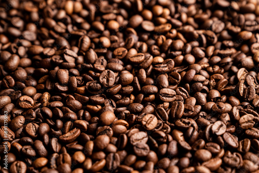 Fototapeta premium Freshly roasted coffee beans in a close view of a large pile