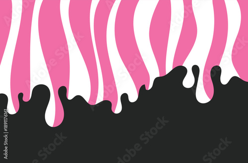 Milk and strawberry background. Abstract liquid melting candy border. Vector template background of pink and white caramel sauce.