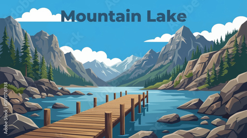 wooden dock extends into a quiet mountain lake, creating a strong focal point and inviting perspective widely used in lifestyle, retreat, and wellness imagery