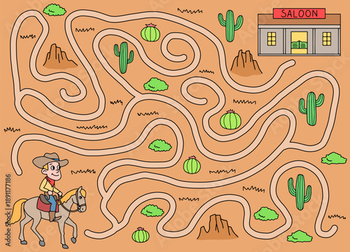 Cowboy maze graphic color sketch illustration vector