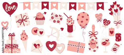 Large Valentine's Day Elements Set with gifts, sweets, balloons, champagne and decor