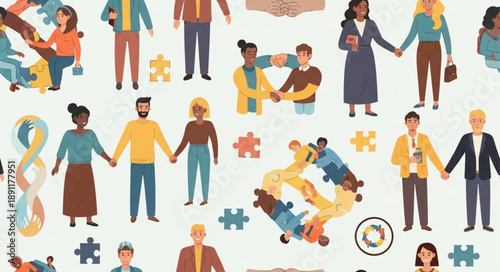 Diverse group of people holding hands and connecting like puzzle pieces.