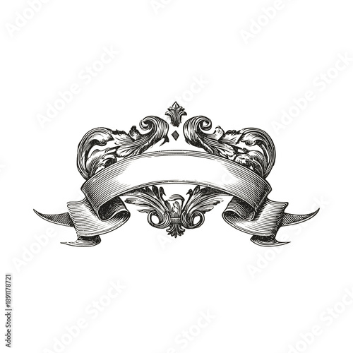 Elegant dark vintage ornate banner with intricate scrollwork and flowing ribbon design