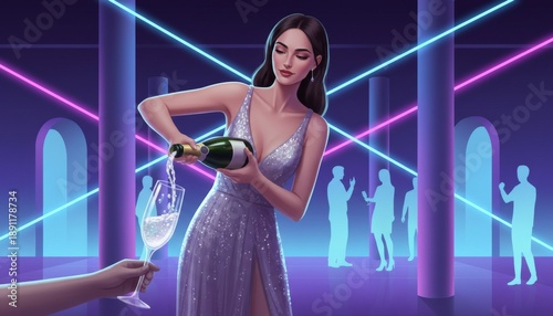 Woman pouring champagne in club with sparkling dress and neon lines digital illustration bar scene