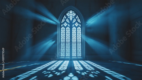 Gothic cathedral archway with dramatic blue light rays and shadows interior
