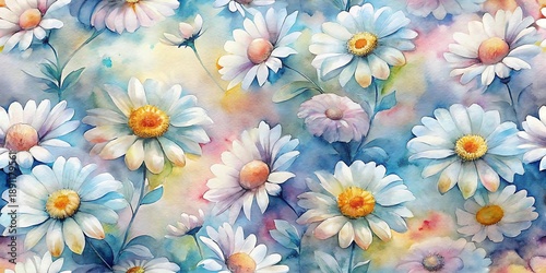 Delicate watercolor daisies with soft blue and pink petals, vibrant and cheerful floral background