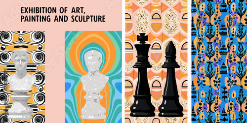 An art exhibition featuring chess pieces and vibrant patterned backgrounds