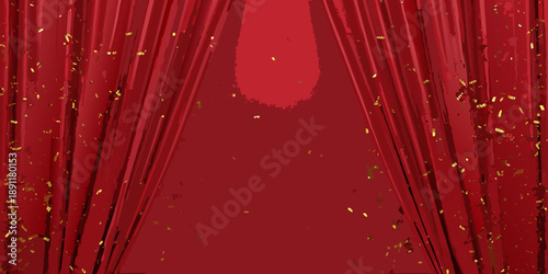 Red stage curtains with golden confetti creating a dramatic and festive atmosphere