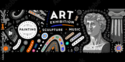 An art exhibition banner featuring sculpture painting music and classical elements