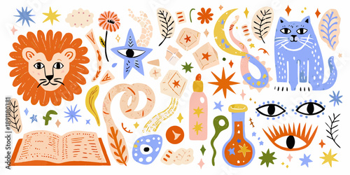 Whimsical illustration featuring a lion cat stars eyes and magical elements