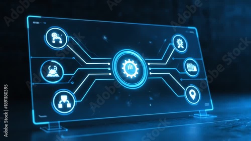 Glowing blue digital network interface on a screen with icons and connections in a dark room with futuristic ambiance.
