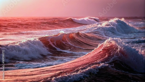 Waves crash on the shore during sunset near a coastal area in a natural setting