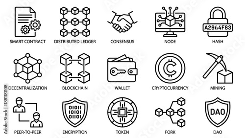 Comprehensive set of 15 blockchain technology line icons including smart contract, distributed ledger, consensus, node, hash, decentralization, wallet, cryptocurrency, mining, and peer-to-peer.