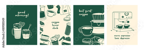 Designs of greeting cards with coffee set. Templates of cute postcards with cups of coffe, cofee machine and coffeehouse items. Layout with coffeeshop drinks and desserts. Flat vector illustrations