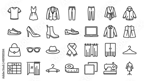Professional collection of 28 fashion and apparel line icons featuring clothing, shoes, accessories, sewing tools, size chart, fitting room, and wardrobe for retail, e-commerce, and design.