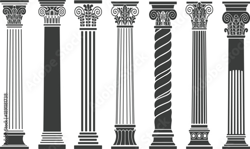 Collection of seven classical architectural columns with ornate capitals for ancient building and interior design vector