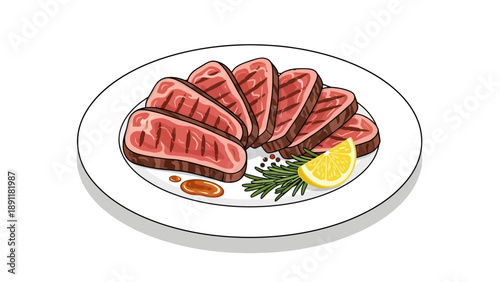 Sliced grilled steak on a white plate with lemon and rosemary
