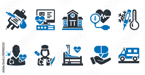 A set of 10 mix icons as blood transfusion, ecg tracing, hospital