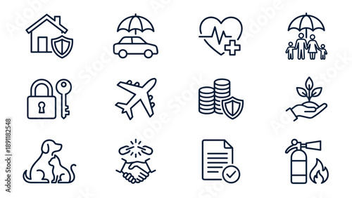 Set of 12 Minimalist Insurance and Protection Line Icons Featuring Home, Car, Health, Life, Security, Travel, Finance, Pet, Liability, Policy, and Fire Safety Symbols in a Clean Vector Style.