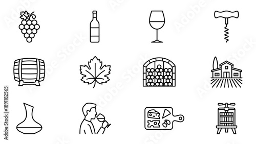 Collection of 12 minimalist wine and winery line icons including grapes, bottle, glass, corkscrew, barrel, leaf, cellar, vineyard house, decanter, tasting, cheese board, and wine press vector art.