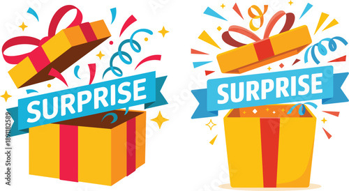Colorful blank gift box with surprise text, vector