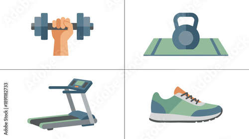 Set of Four Flat Vector Illustrations for Fitness and Home Workouts Featuring a Hand Lifting a Dumbbell, a Kettlebell on a Training Mat, a Treadmill Machine, and a Sport Running Shoe Sneaker.