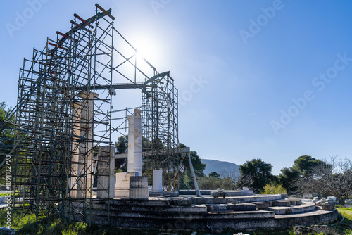 Restoration of the ancient Tholos of Epidaurus with scaffolding.