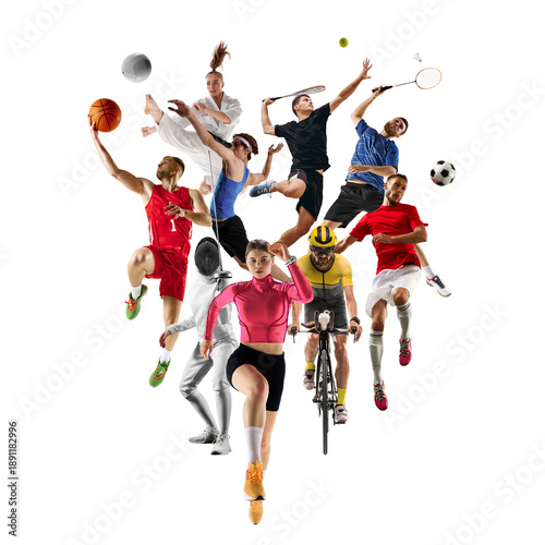 Фотография Large group of athletes in dynamic motion collage isolated on white