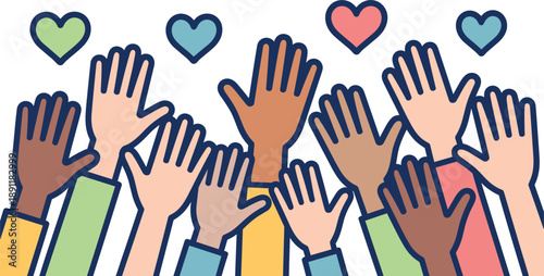 Diverse Hands Raising in Celebration, vector