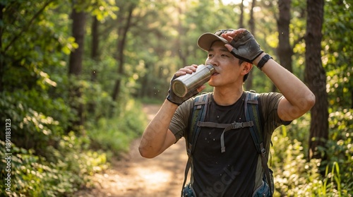 An active individual takes a refreshing swig from a metallic water bottle amidst a verdant trail in a sun-dappled forest, embodying the spirit of exploration and rejuvenation.