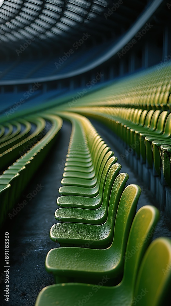 Obraz premium Empty green plastic seats in rows at modern sports stadium. Curved tribunes of football arena waiting for spectators without audience background