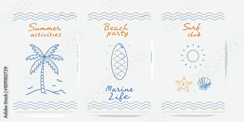 Summer themed doodles palm tree surfboard sun and marine life icons