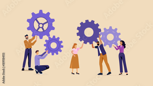 Teamwork concept with people interacting with purple gear mechanisms