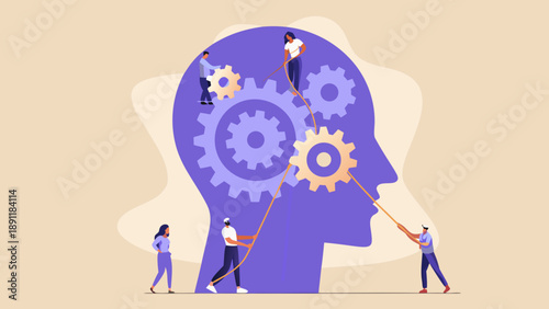 People working together inside a human head representing thought processes
