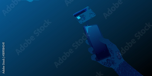 A hand holding a smartphone with a credit card floating above it