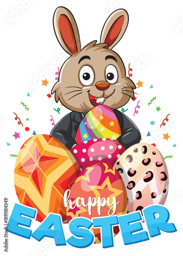 Cartoon Easter Bunny Wearing Suit Holding Colorful Patterned Eggs with Confetti