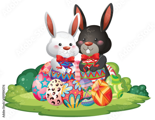 Two Cute Cartoon Bunnies Holding Colorful Easter Eggs in a Garden