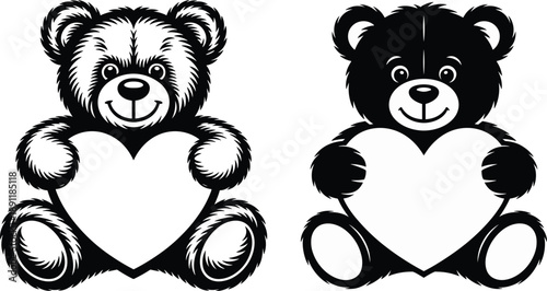 Black Teddy Bear Holding Heart Sitting with smiling , vector