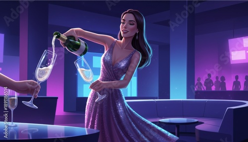 Woman pouring champagne in club illustration with neon lounge background and elegant party hostess stance