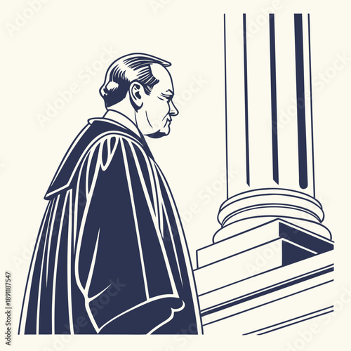 Judge in robe standing beside column court authority