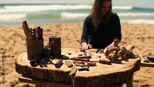 Woodcarving at the Beach: A Tranquil Crafting Session by the Sea Shore in Nature