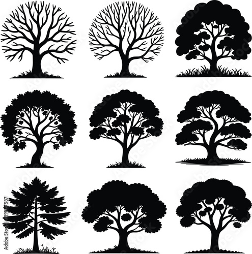 Black Tree Leaves Grass Set