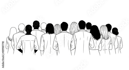 Diverse group of people standing together seen from behind.